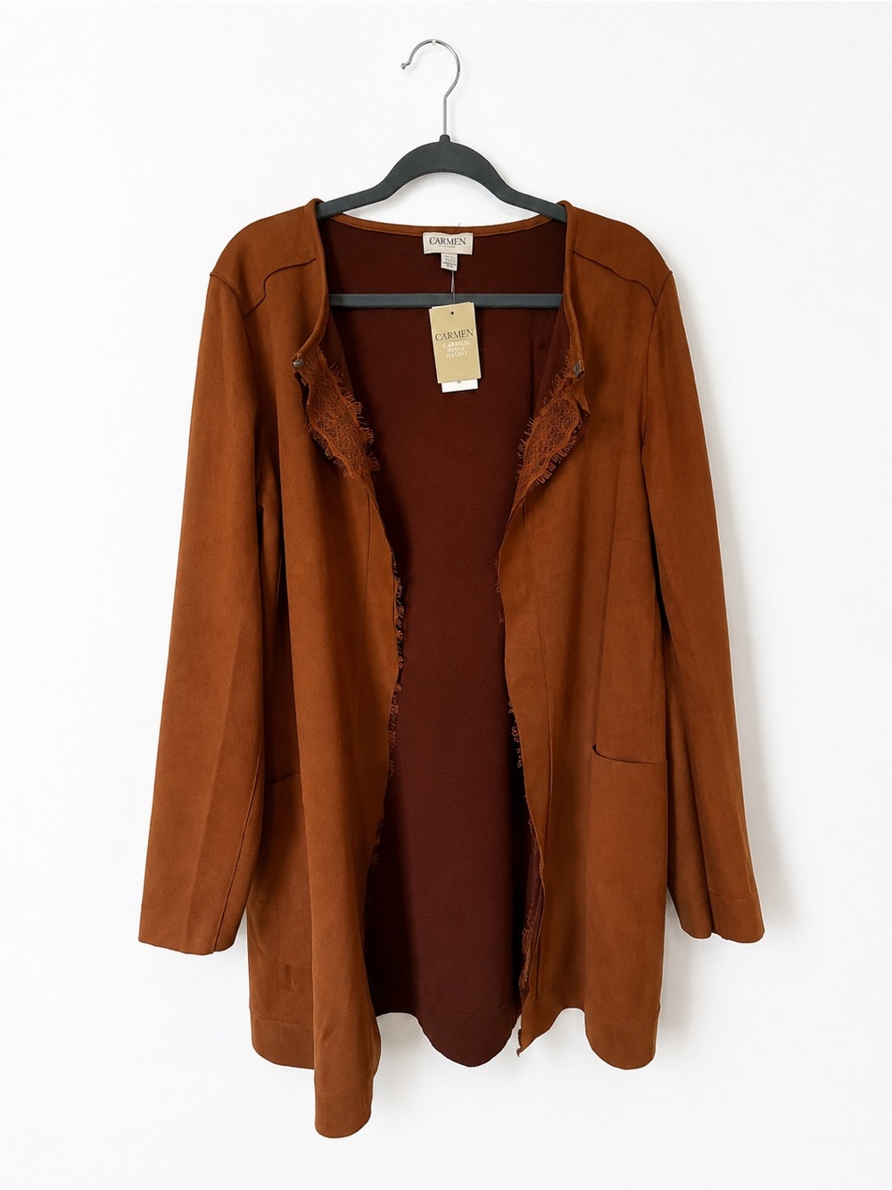 Carmen Marc Valvo Faux Suede Duster Jacket Caramel Brown XL NWT